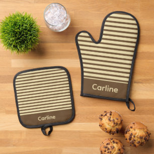 Ensemble De Gant De Cuisine Et De Manique Rayures brunes et crème