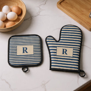 Ensemble De Gant De Cuisine Et De Manique Rayures Bue/Vanilla Monogrammées