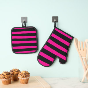 Ensemble De Gant De Cuisine Et De Manique Rayures irrégulières - Magenta et Noir