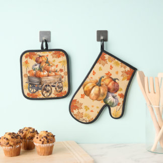 Ensemble De Gant De Cuisine Et De Manique Récolte Citrouille four Mitt et Pot Holder Set