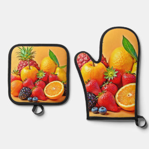 Ensemble De Gant De Cuisine Et De Manique Récolte de fruits frais et abondants : un design v