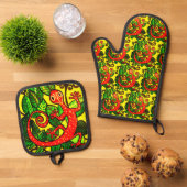 Ensemble De Gant De Cuisine Et De Manique Red Gecko (De haut en bas)