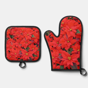 Ensemble De Gant De Cuisine Et De Manique Red Poinsettias I Christmas Holiday Floral Photo