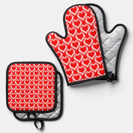 Ensemble De Gant De Cuisine Et De Manique Red White Hearts Pattern (Recto/Verso)