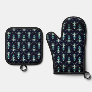 Ensemble De Gant De Cuisine Et De Manique Regard élégant de pierres bleues avec lumière écla