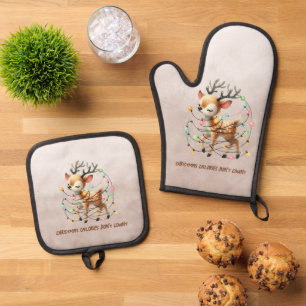 Ensemble De Gant De Cuisine Et De Manique Reindeer Tangé Les Lumières De Noël
