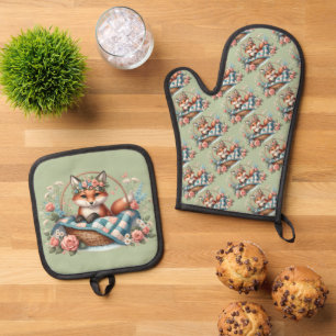 Ensemble De Gant De Cuisine Et De Manique Renard floral en panier avec courtepointe et fleur