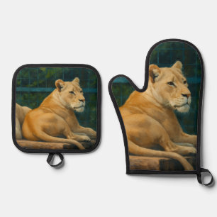Ensemble De Gant De Cuisine Et De Manique Repos surveillé - Paire de lions dans le cadre du