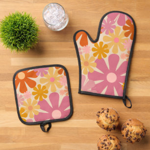 Ensemble De Gant De Cuisine Et De Manique Retro 60s les années 70 Super motif floral