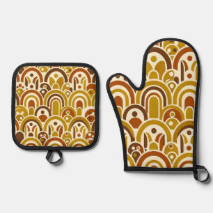 Ensemble De Gant De Cuisine Et De Manique Rétro années 70 motif géométrique à arches festonn