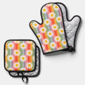 Ensemble De Gant De Cuisine Et De Manique Retro Daisy (Recto/Verso)