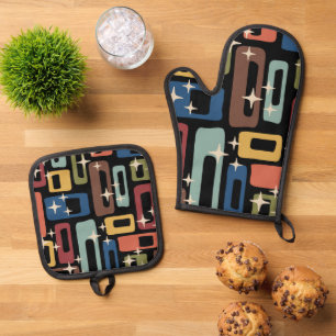 Ensemble De Gant De Cuisine Et De Manique Retro Mid-Century Moderne Abstrait