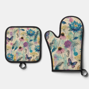 Ensemble De Gant De Cuisine Et De Manique Rêve Aquatique Floral Vibrant