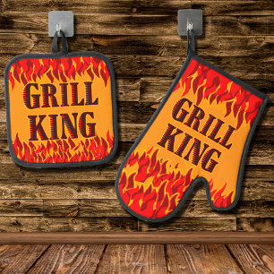 Ensemble De Gant De Cuisine Et De Manique Roi du Grill Flammes Rouges Cuisine BBQ Citation