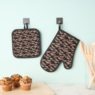 Ensemble De Gant De Cuisine Et De Manique Rose de feuille de fern or sur noir