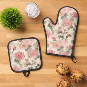 Ensemble De Gant De Cuisine Et De Manique Roses Florales Rose Tendre Romantique 