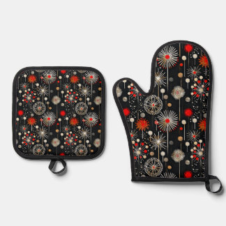 Ensemble De Gant De Cuisine Et De Manique Rouge et crème sur Black Festive Retro