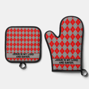 Ensemble De Gant De Cuisine Et De Manique Rouge Et Gris Jésus Est Mon Sauveur Four Mitt & Po