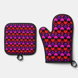 Ensemble De Gant De Cuisine Et De Manique Rouge et Violet Coeur et Paw Design