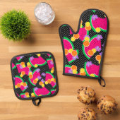 Ensemble De Gant De Cuisine Et De Manique Rouge pastèque Lémons jaunes Tropical (De haut en bas)