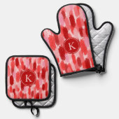 Ensemble De Gant De Cuisine Et De Manique Rouge rose Abstrait brosses Motif Monogramme (Recto/Verso)
