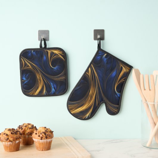 Ensemble De Gant De Cuisine Et De Manique Royal Blue Gold Abstrait Swirl (In situ (suspendu))