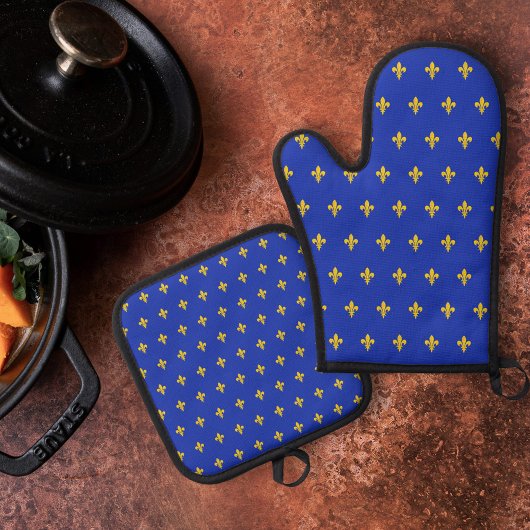 Ensemble De Gant De Cuisine Et De Manique Royal Blue & Gold Fleur de Lis