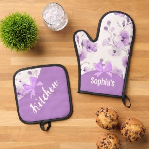 Ensemble De Gant De Cuisine Et De Manique Ruban Lilac Violet Floral