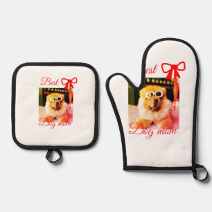 Ensemble De Gant De Cuisine Et De Manique Ruban rouge meilleure maman chien papa photo nom c