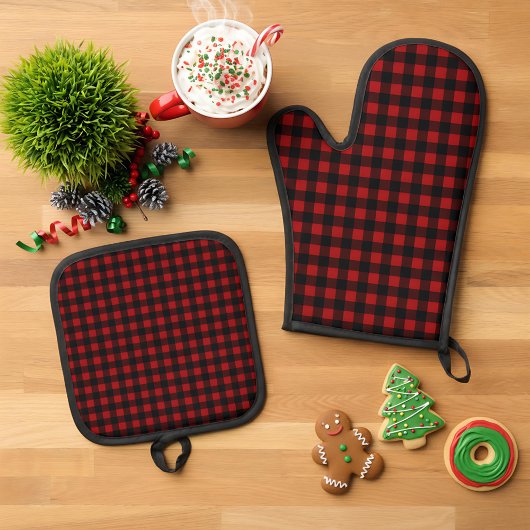 Ensemble De Gant De Cuisine Et De Manique Rustic Christmas Red & Black Buffalo Plaid