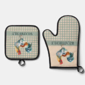 Ensemble De Gant De Cuisine Et De Manique Rustic Country Checks Nom du coq | Monogramme (Recto)