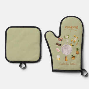 Ensemble De Gant De Cuisine Et De Manique Rustic Green Christmas Gift Grocery Aquarelle