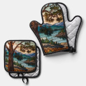 Ensemble De Gant De Cuisine Et De Manique Rustic mountain range landscape stain glass  (Recto/Verso)