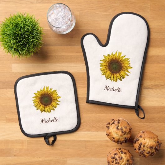 Ensemble De Gant De Cuisine Et De Manique Rustic Sunflower Boho Botanical Personalized (De haut en bas)