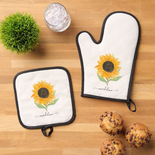 Ensemble De Gant De Cuisine Et De Manique Rustic Sunflower Personalized Name Script (De haut en bas)