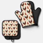 Ensemble De Gant De Cuisine Et De Manique Rustique Agritourisme Aquarelle Coq poulet (Recto/Verso)