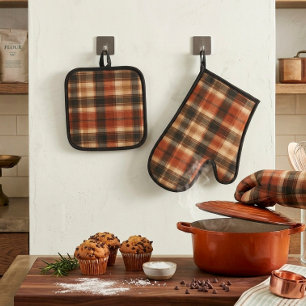 Ensemble De Gant De Cuisine Et De Manique Rustique automne classique plaid rouille crème noi