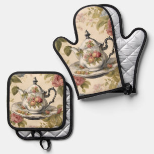 Ensemble De Gant De Cuisine Et De Manique Rustique Pays Floral Tea Party Vintage Teapot