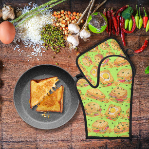 Ensemble De Gant De Cuisine Et De Manique Sandwichs gourmands salés et frites vert citron