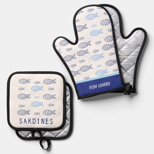 Ensemble De Gant De Cuisine Et De Manique Sardines (Recto/Verso)