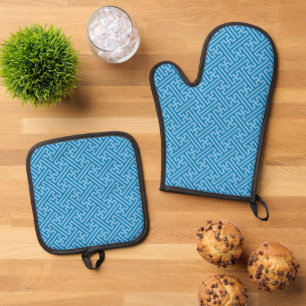 Ensemble De Gant De Cuisine Et De Manique Sayagata motif, japonais, bleu et bleu bébé