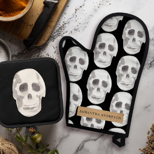 Ensemble De Gant De Cuisine Et De Manique Scary Scull Black & White Pattern