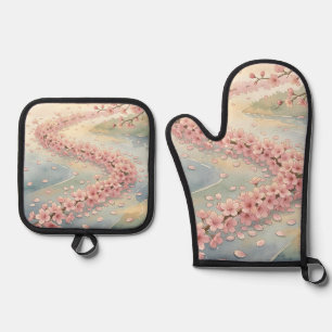 Ensemble De Gant De Cuisine Et De Manique Scène aquarelle de la rivière aux cerisiers roses