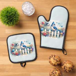 Ensemble De Gant De Cuisine Et De Manique Scène de clôture de jardin de cottage Blue Jay