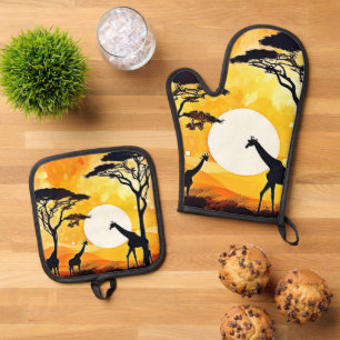 Ensemble De Gant De Cuisine Et De Manique Scène de girafe au coucher du soleil de Savannah e