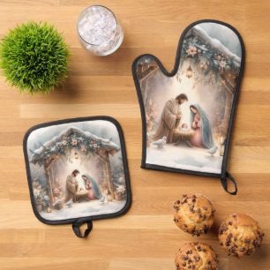 Ensemble De Gant De Cuisine Et De Manique Scène de la Nativité rustique avec fleurs d'hiver