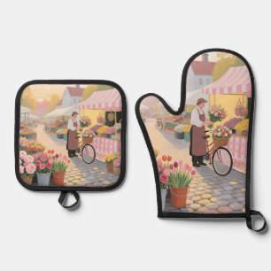 Ensemble De Gant De Cuisine Et De Manique Scène de rue Fleur Solaire