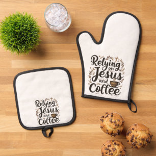Ensemble De Gant De Cuisine Et De Manique Se fier à Jésus et à l'amateur de caféine