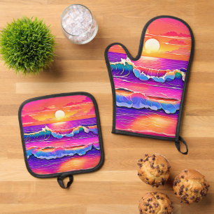 Ensemble De Gant De Cuisine Et De Manique Sérénité du coucher de soleil de la vague rétro