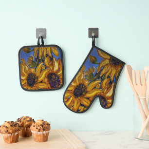 Ensemble De Gant De Cuisine Et De Manique Set de manique et dessous de plat Tournesols